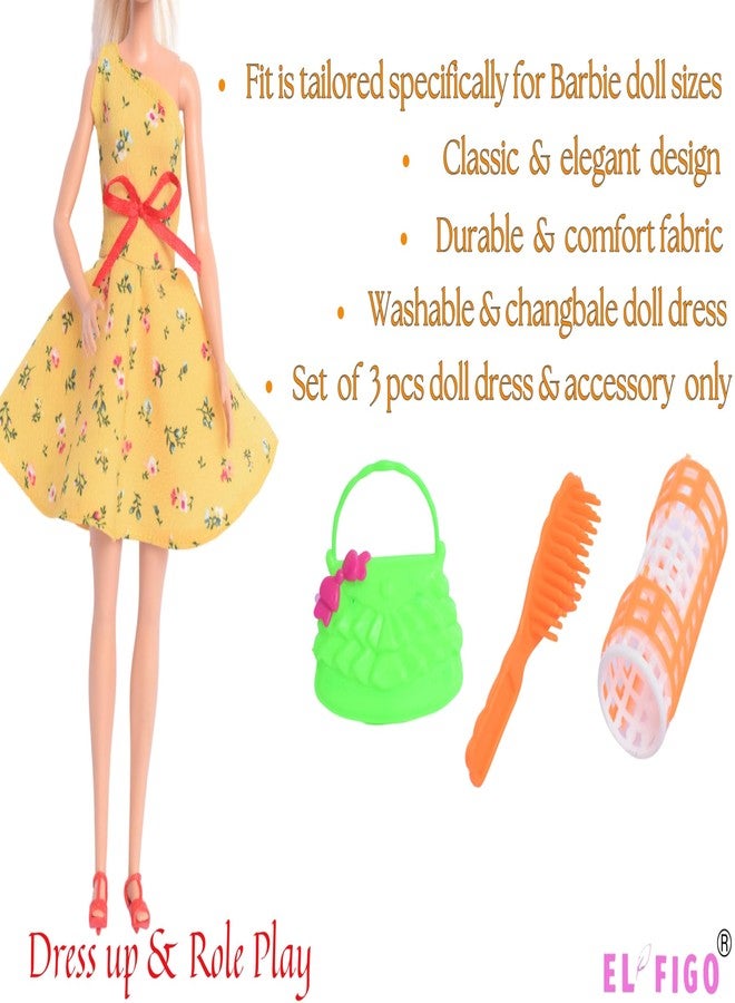 EL FIGO ملابس وفساتين وإكسسوارات دمى إل فيجو، تتضمن 3 أطقم ملابس متينة مطبوعة مع إكسسوارات (فستان دمية مصمم خصيصًا لدمية مقاس 28 - 31 سم). - Image 4